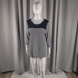 Kim Rogers Black, White Stripe Soft 100% Cotton 3/4 Sleeve Top Blouse Size PXL
